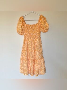 Yellow Floral Puff-Sleeve Midi Summer Dress with Smocked Bodice -Size Small